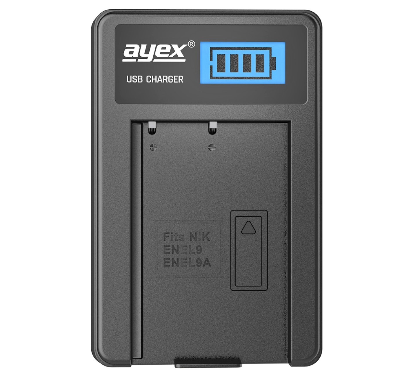 Schwarzes Batterieladegerät mit Anzeige des Batteriestands. Passend für NIK ENEL9, ENEL9A Akkus.