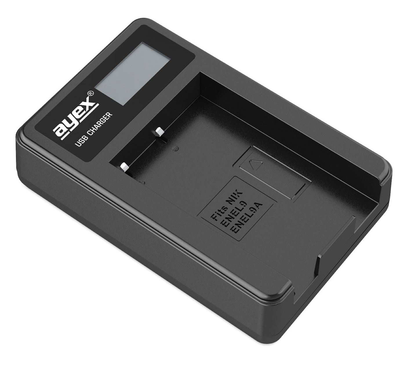 Schwarzes USB-Ladegerät. Abgewinkelte Ansicht. Zeigt einen Bildschirm und einen Ladeschacht.
