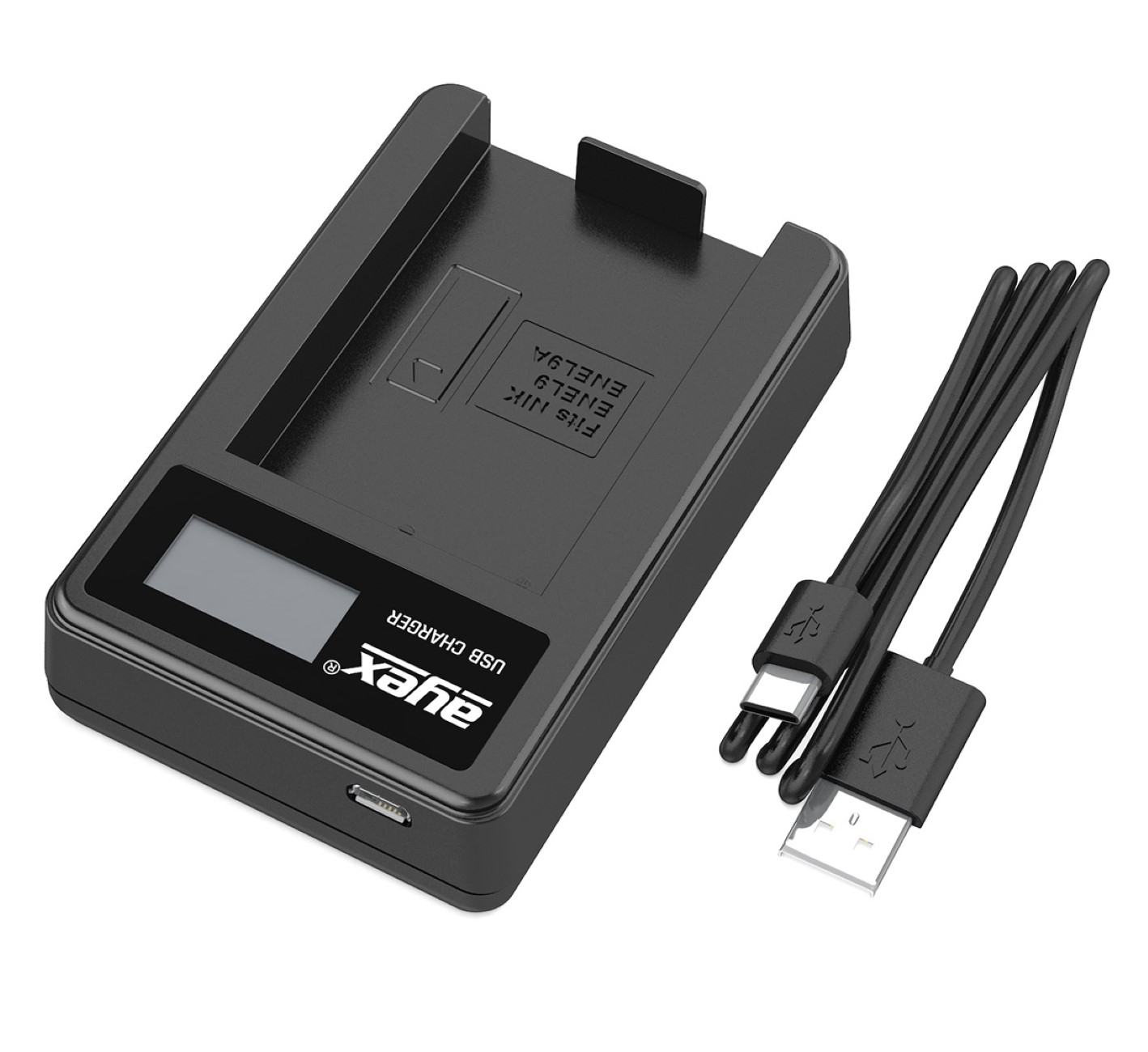 Schwarzes USB-Ladegerät mit Bildschirm und Kabel mit zwei Anschlüssen.