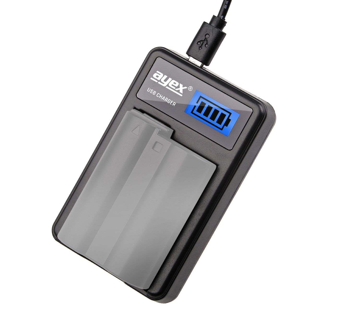 Schwarzes USB-Ladegerät für Batterien. Hat eine Ladeanzeige. Zwei Ladeschächte.