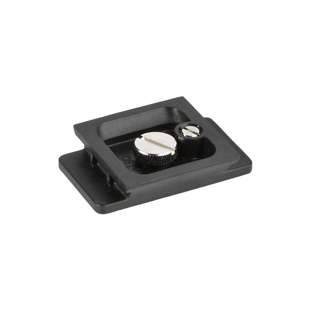 Piastra a sgancio rapido per fotocamera in metallo nero. Include due viti e una base quadrata.