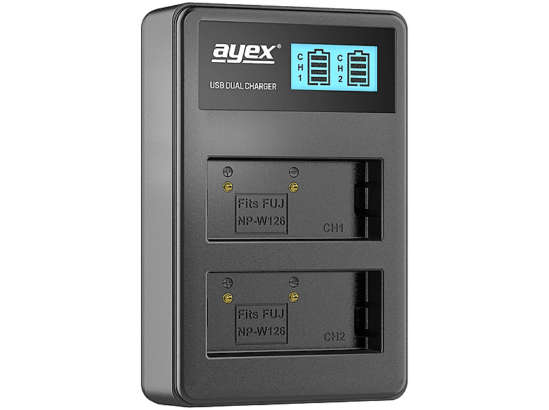 AYEX USB Dual Ladegerät für Fujifilm NP-W126 Akkus, Kamera-Akku Lader, Black