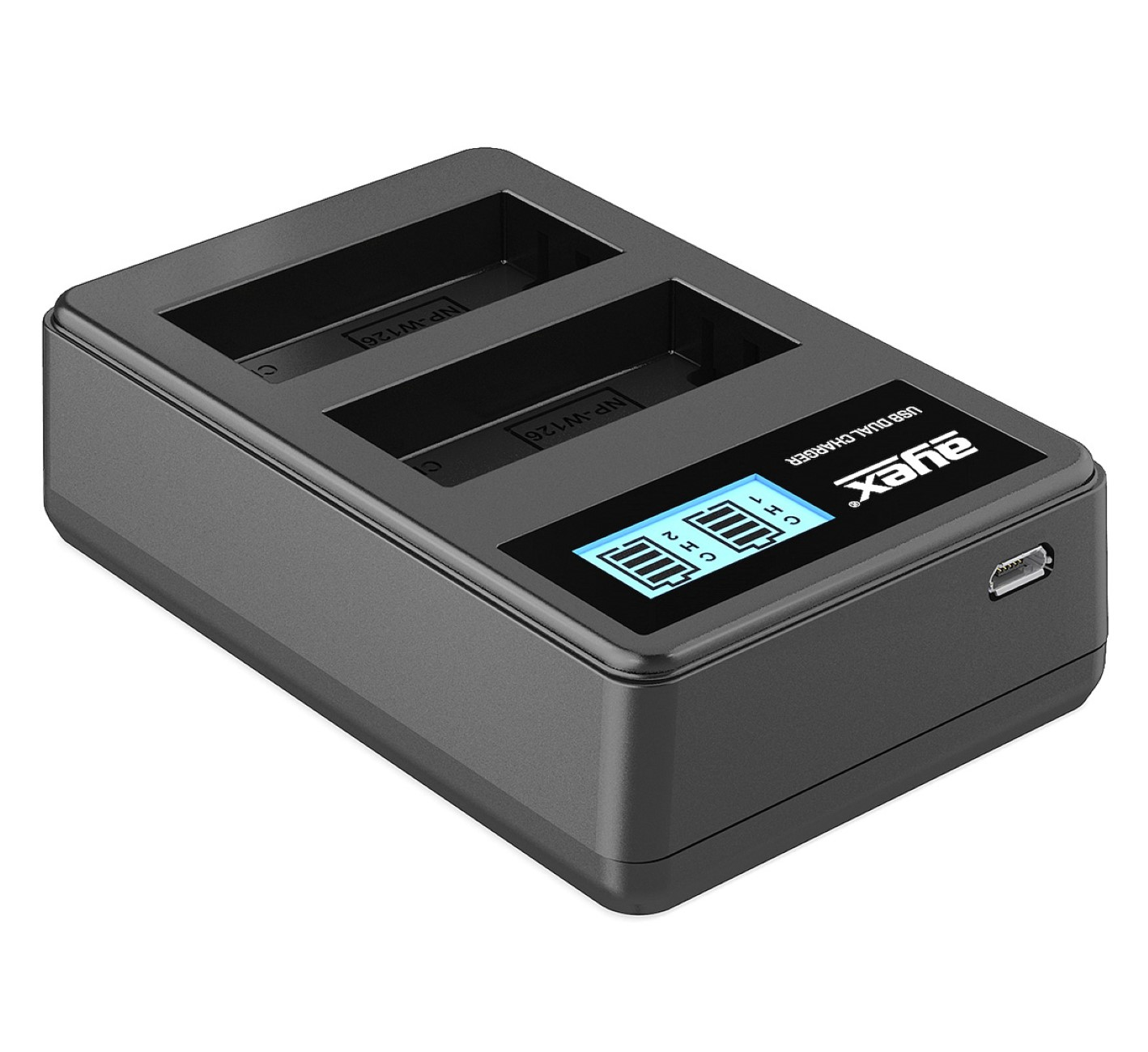 Schwarzes Dual-Akkuladegerät mit zwei Steckplätzen, Display und USB-Anschluss. Auf weißem Hintergrund isoliert.