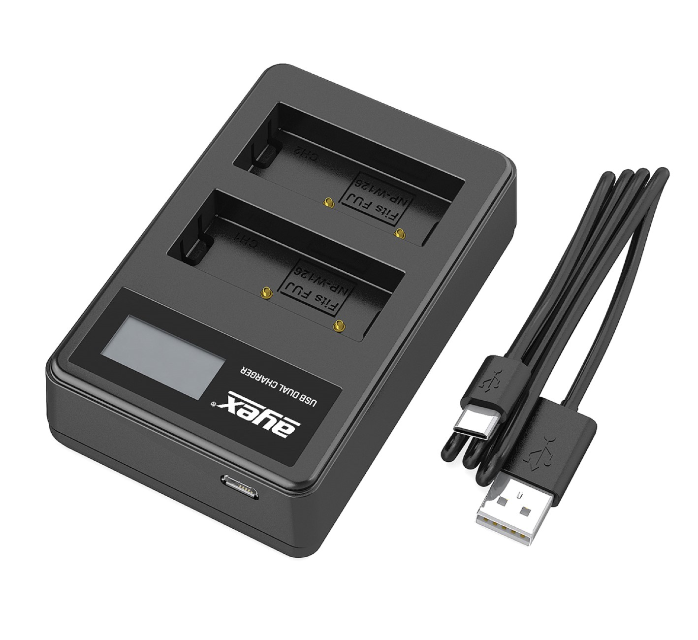 Schwarzes Dual-Slot-USB-Ladegerät mit USB-Kabel. Das Ladegerät hat ein Display und einen Ladeanschluss.