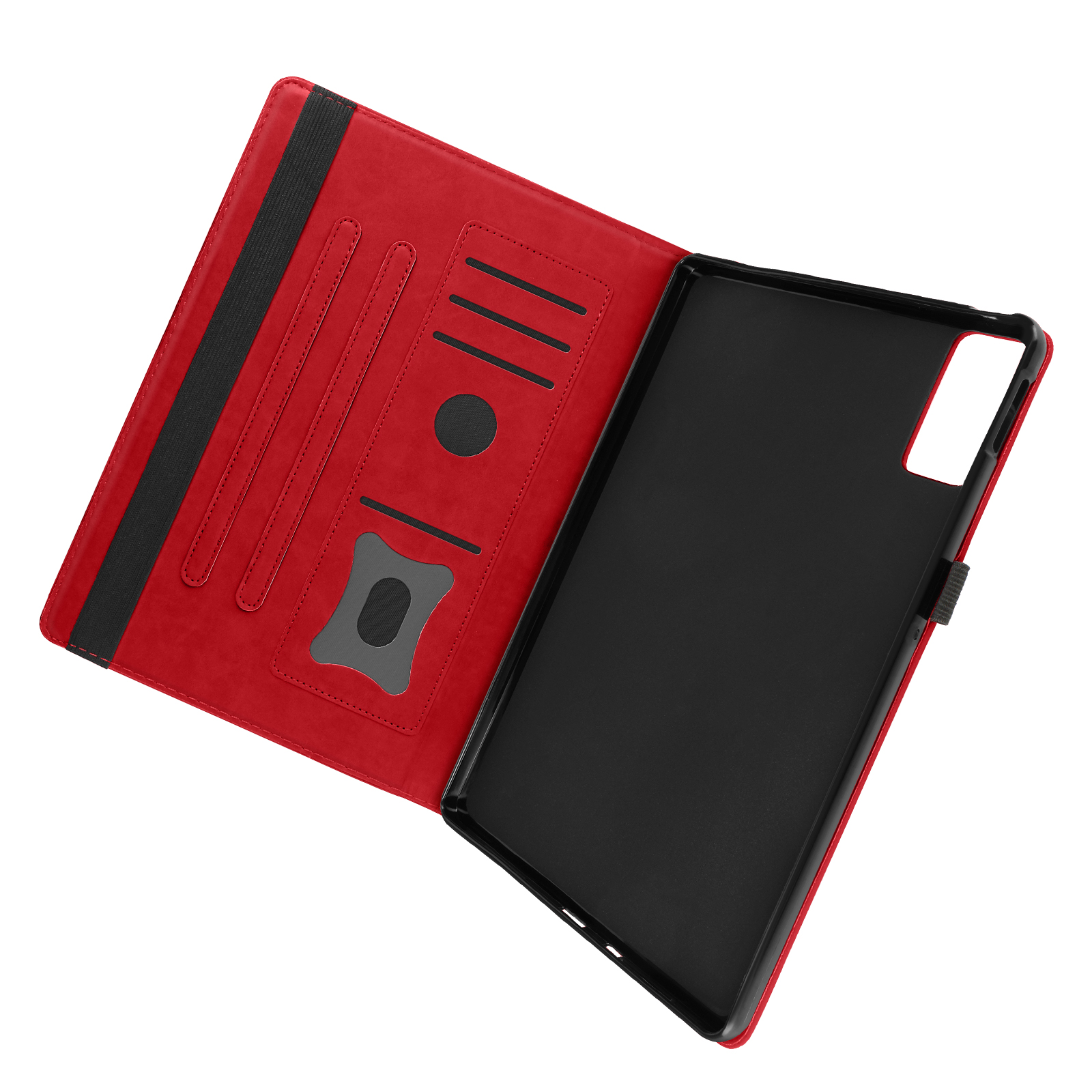 Custodia rossa per tablet aperta, rivela interno nero e tasche.