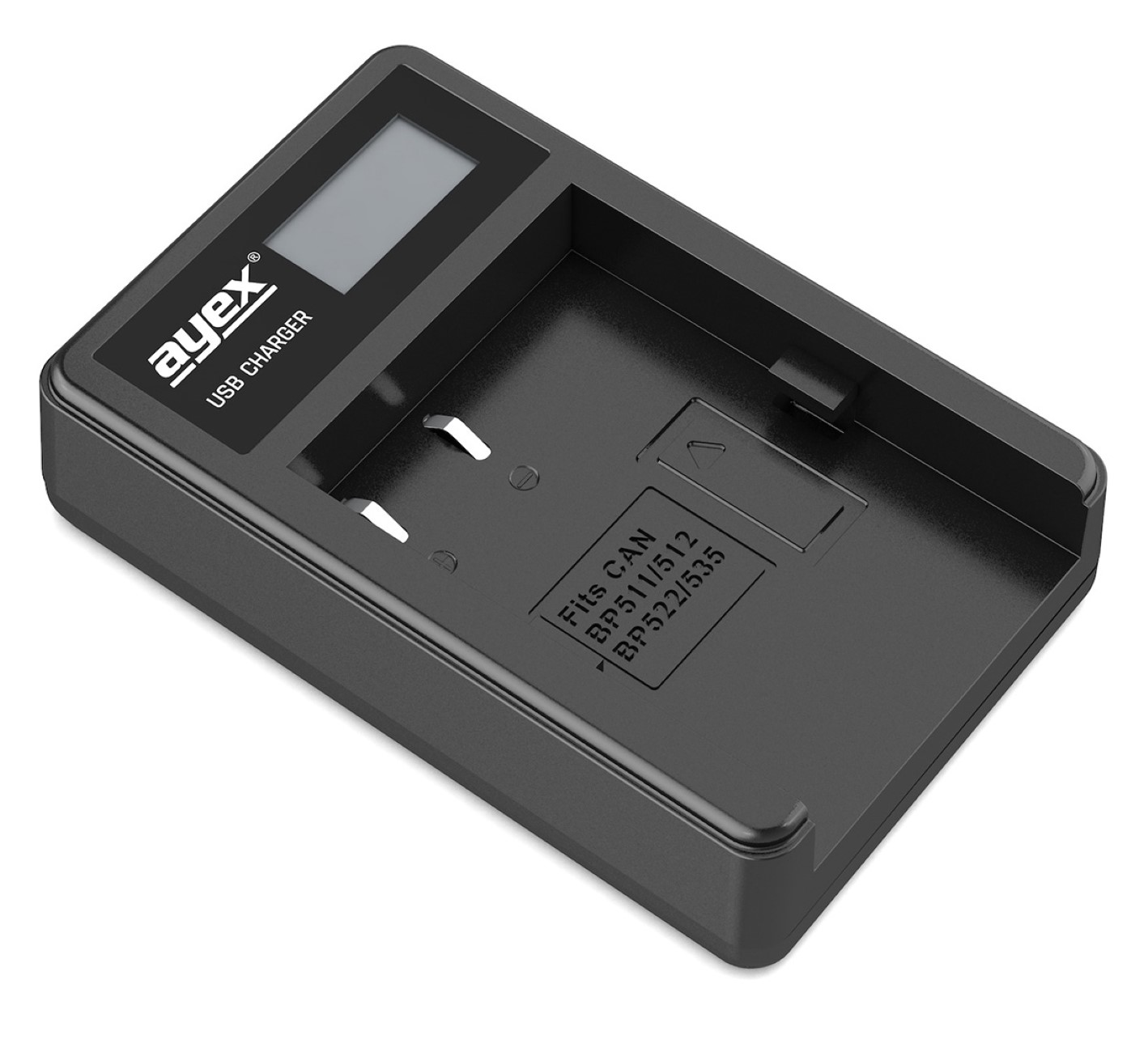 Schwarzes Kamera-Akkuladegerät mit Bildschirm.