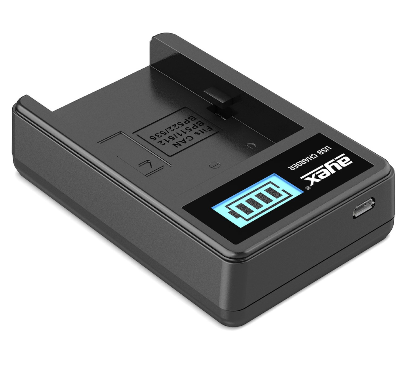Schwarzes USB-Ladegerät mit Ladezustandsanzeige. Weißer Hintergrund.