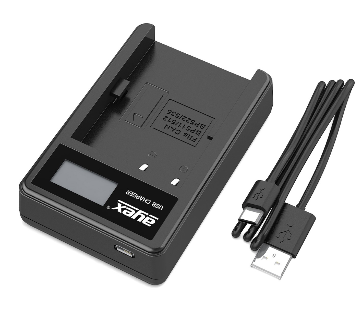 Schwarzes USB-Ladegerät mit kleinem Bildschirm und zwei Ladekabeln, mit USB-Anschluss.