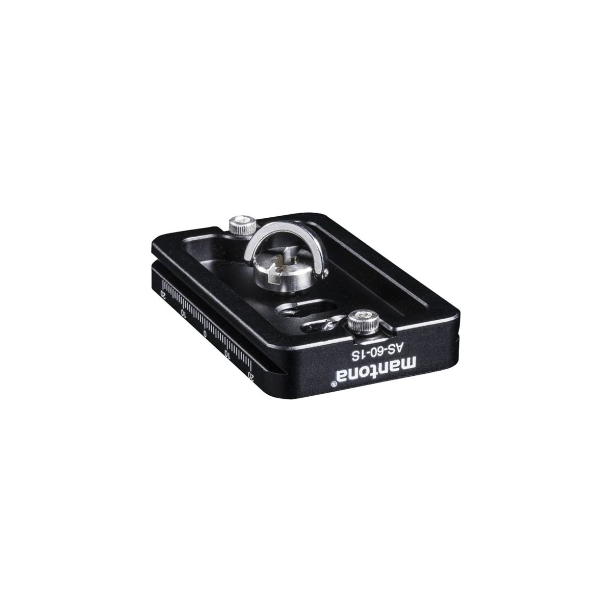 Schwarze Metall-Kamera-Schnellwechselplatte mit Befestigungsring und Schrauben auf weißem Hintergrund.