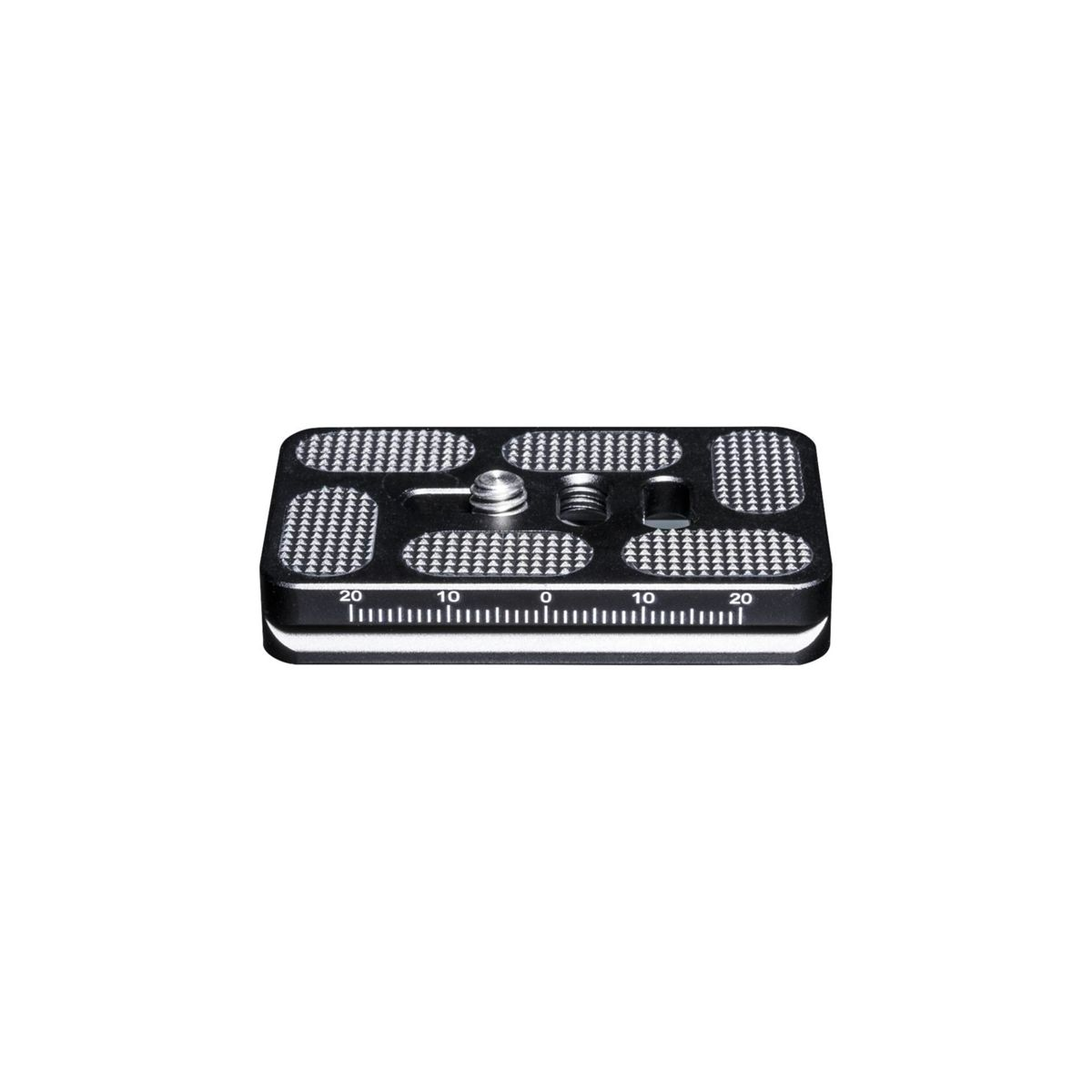 Schwarze Metall-Kamera-Schnellwechselplatte mit nummerierter Skala und Schraubhalterung.