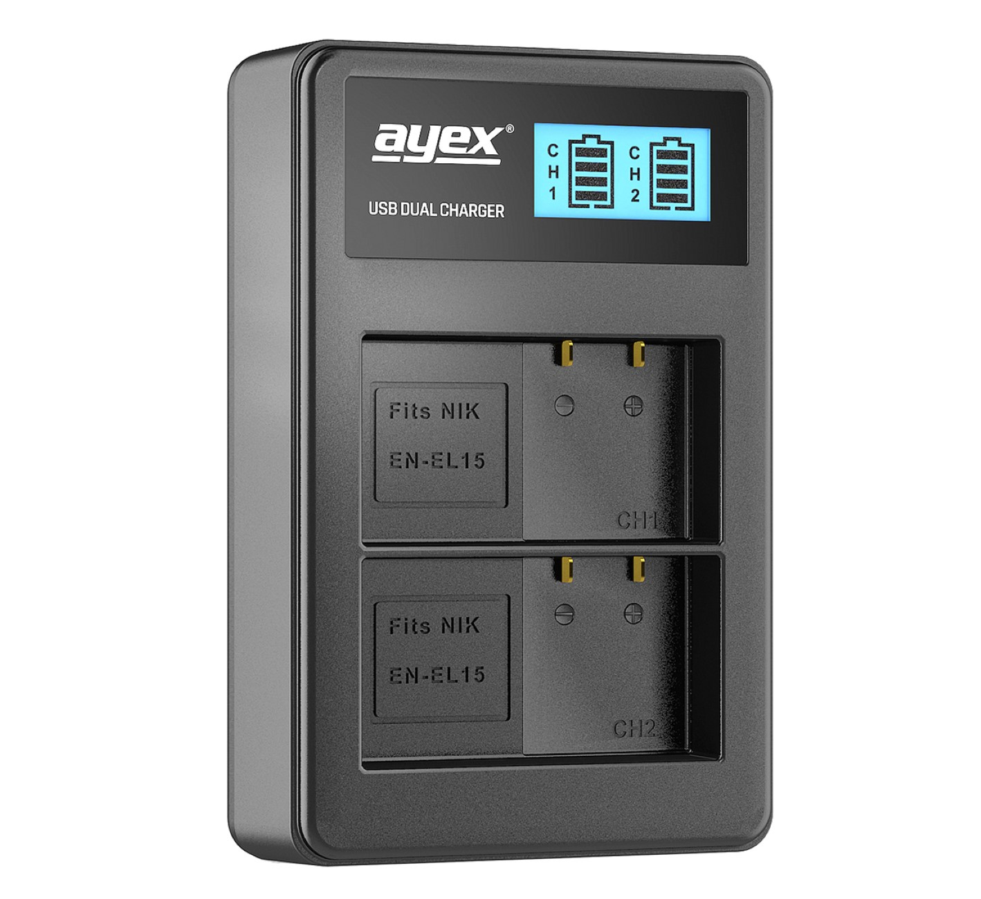 AYEX USB Dual Ladegerät für EN-EL15 Lader, Akkus, Nikon Kamera-Akku Black