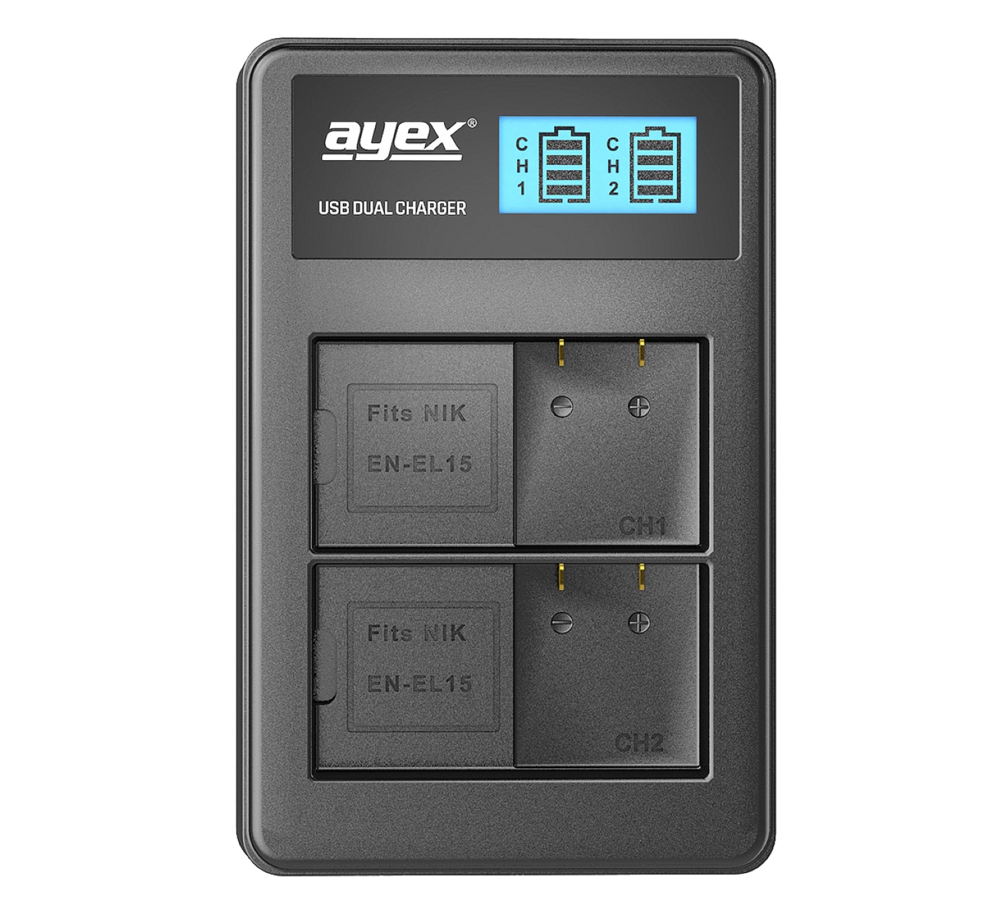 Ein schwarzes USB-Dual-Ladegerät für Akkus, mit zwei Steckplätzen und digitaler Anzeige.