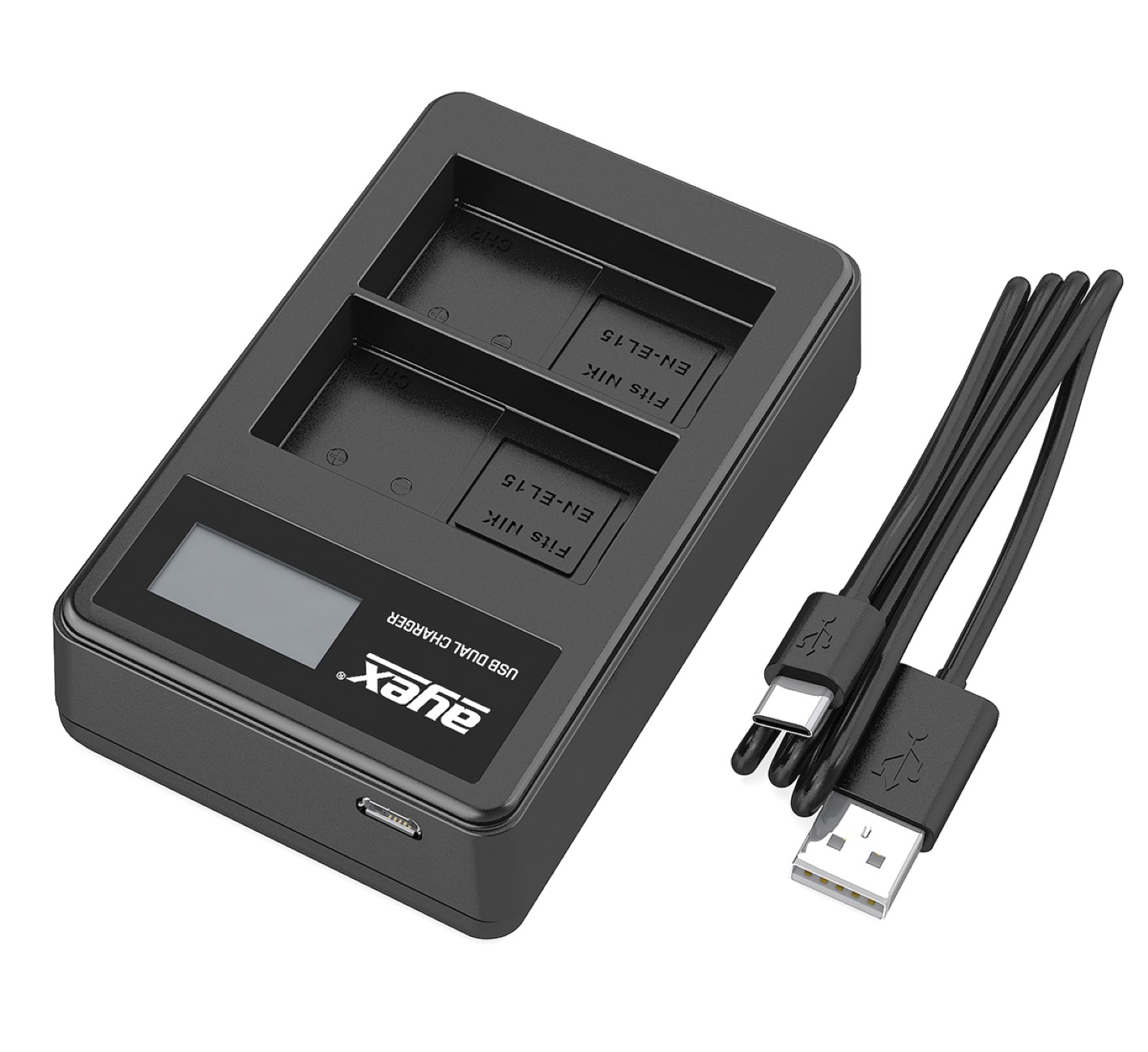Schwarzes Ayex USB-Dual-Ladegerät mit zwei Ladeschlitzen und angeschlossenen USB-Kabeln.