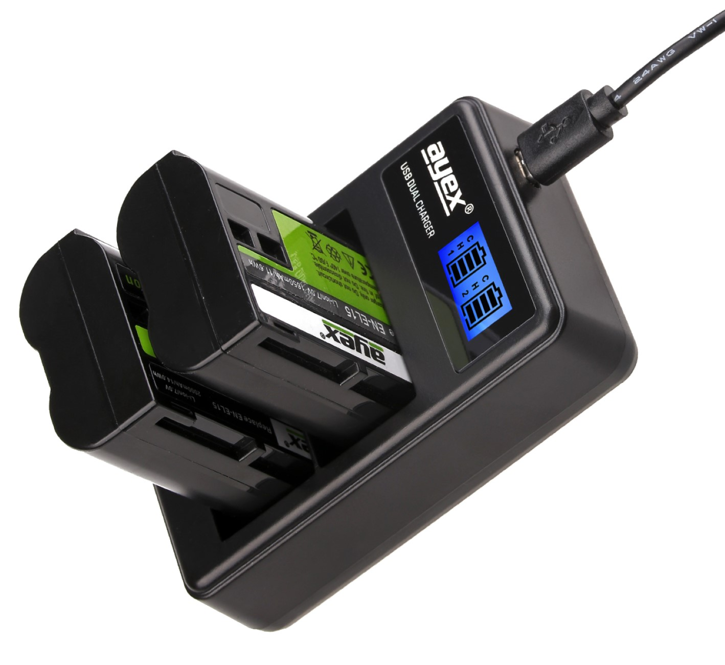 Ein schwarzes Ladegerät mit zwei Batterien und USB-Kabel.