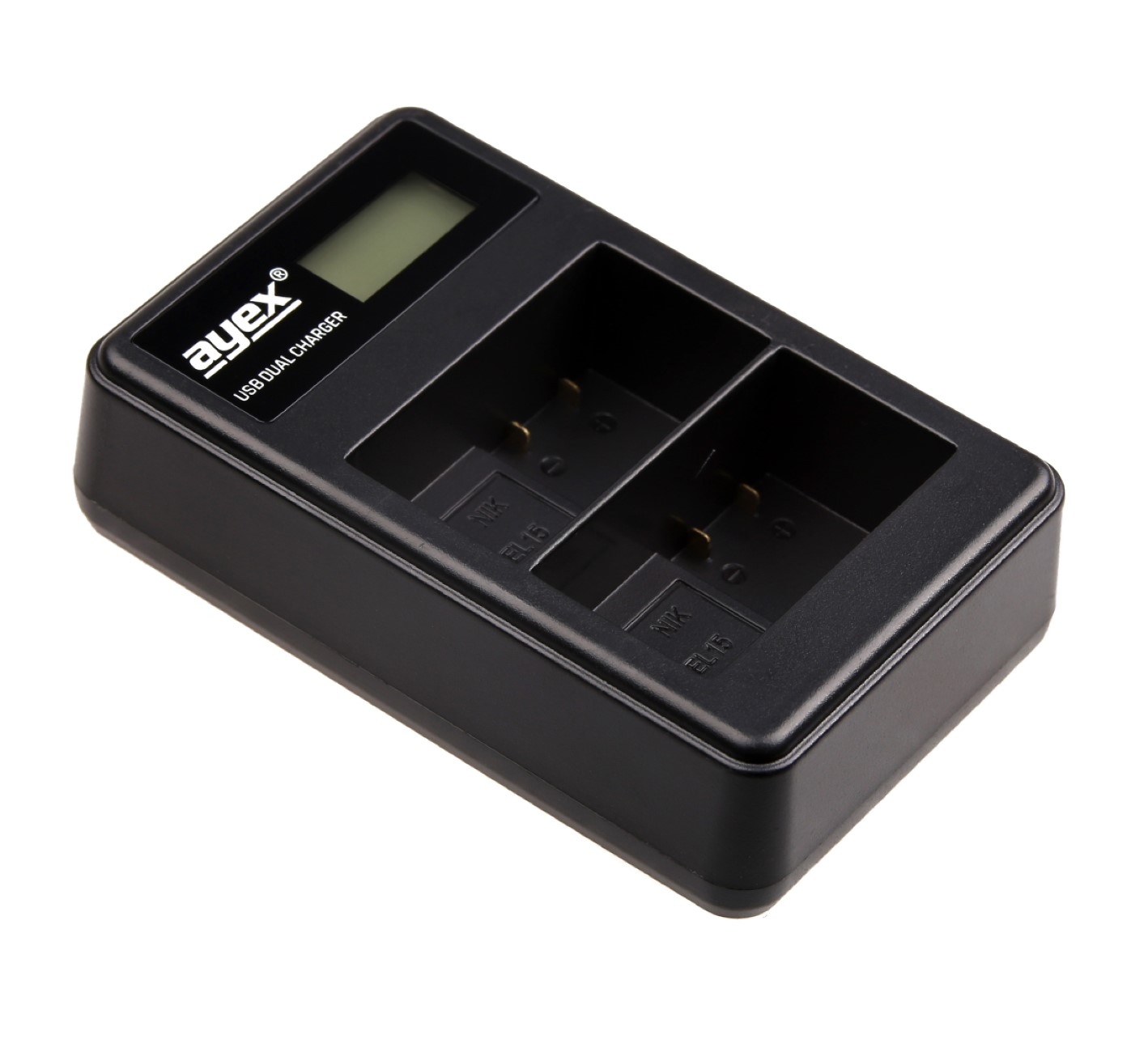 Schwarzes Dual-USB-Ladegerät mit kleinem Display und zwei Ladeschlitzen auf weißer Oberfläche.