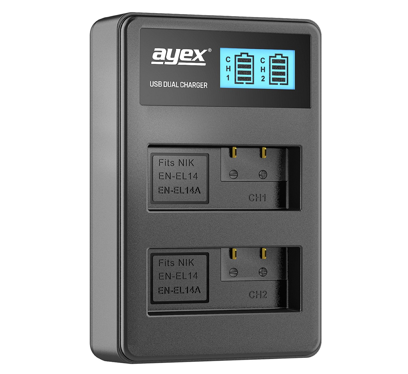 AYEX USB Dual Ladegerät Lader, Nikon für EN-EL14 Black Akkus, Kamera-Akku