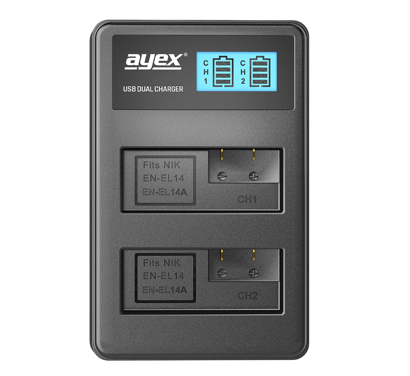 Schwarzes USB-Dual-Ladegerät mit zwei Batterieschächten. LCD-Bildschirm zeigt den Batterieladestand an.