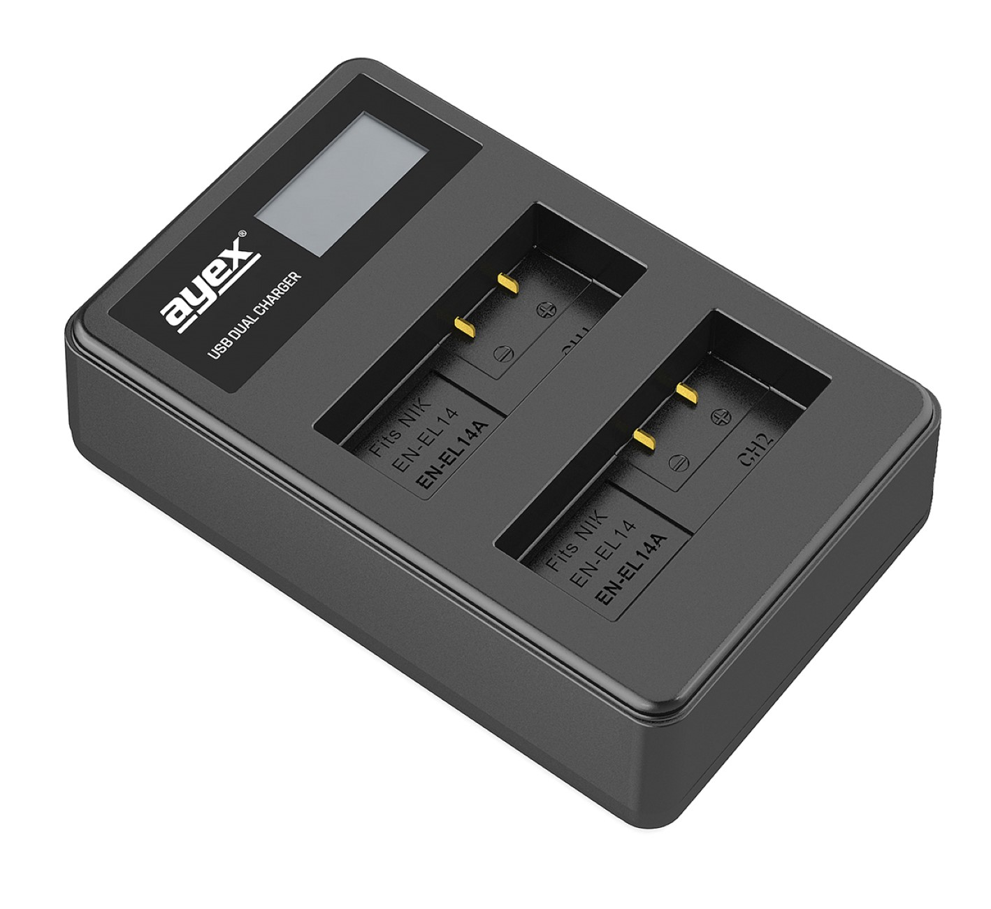 Schwarzes Dual-USB-Ladegerät für Nikon-Akkus, mit Bildschirm und Ladeschlitzen.
