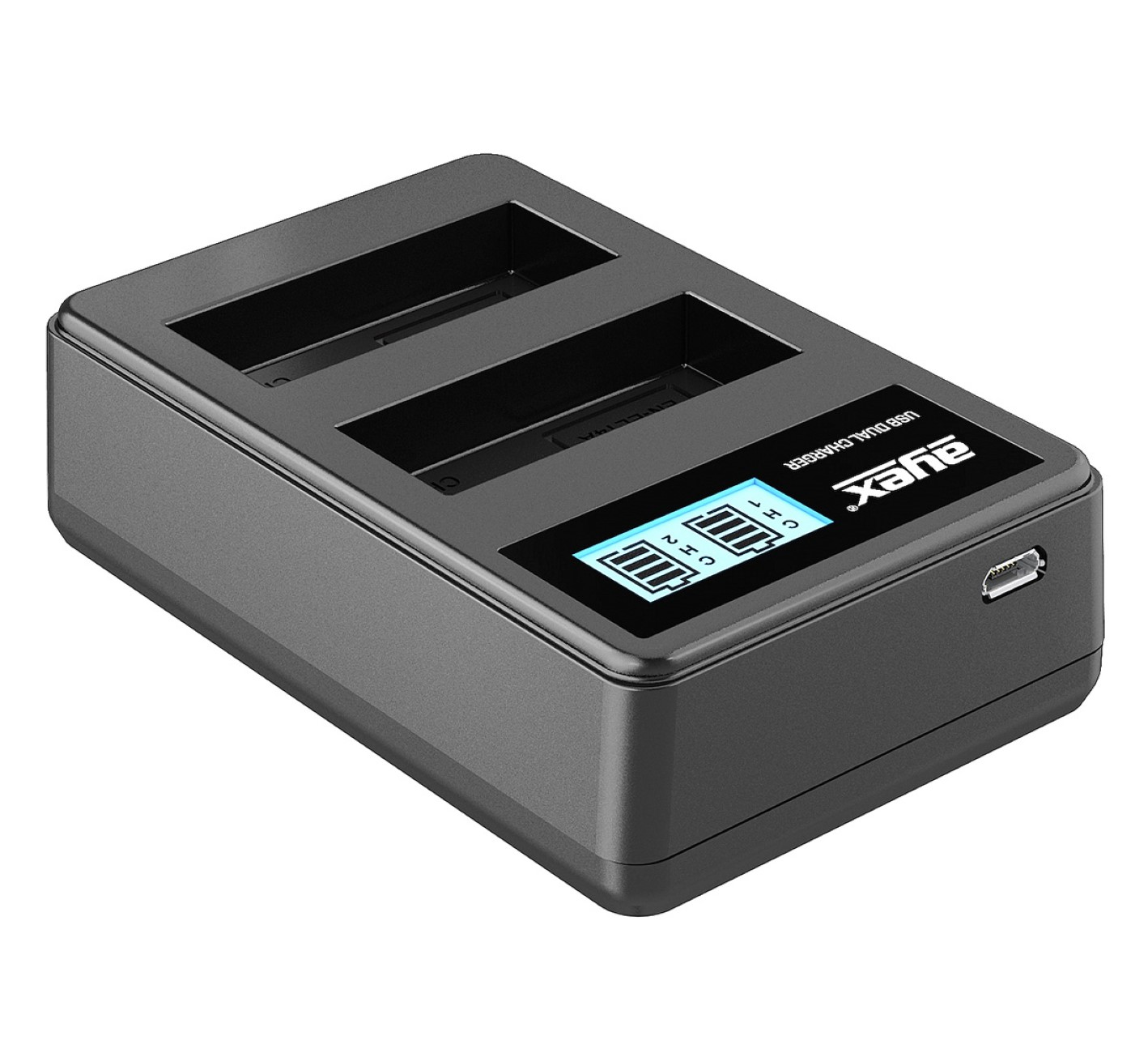 Ein schwarzes Dual-Akkuladegerät mit zwei Ladeschächten und einem kleinen Digitaldisplay.