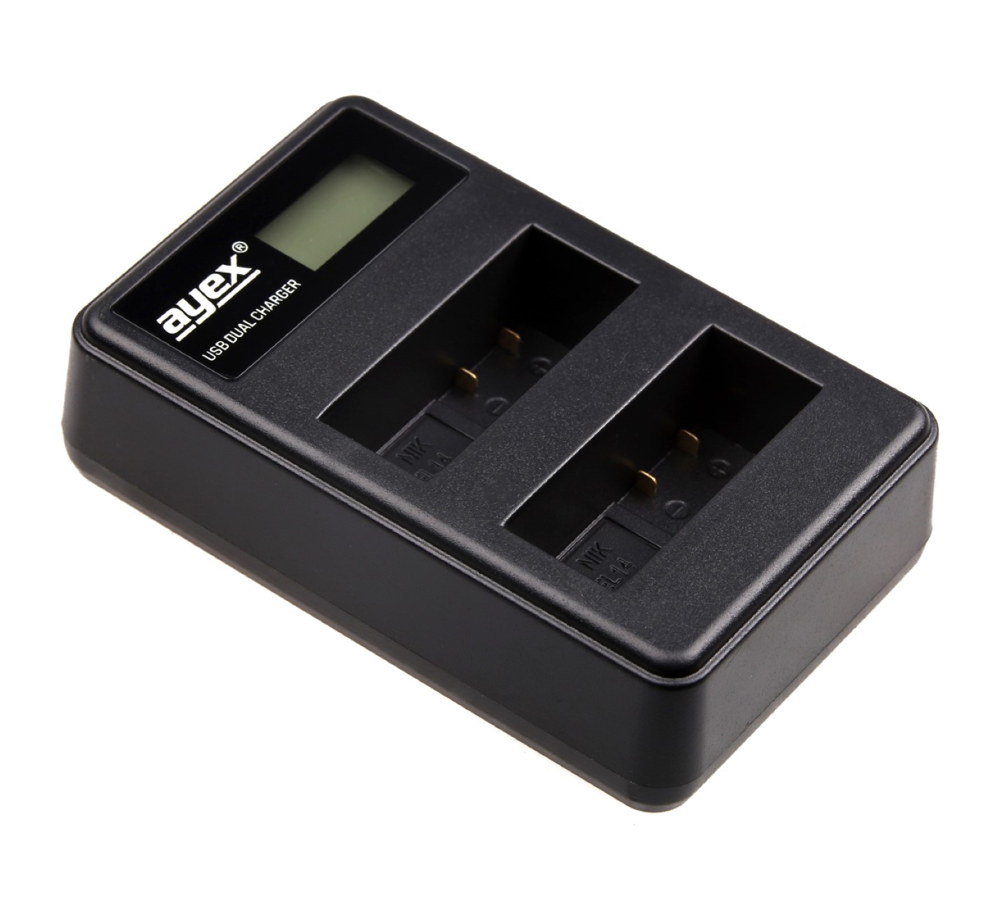 Schwarzes Dual-USB-Ladegerät mit Display. Es hat zwei Ladeanschlüsse und ein schwarzes Gehäuse.