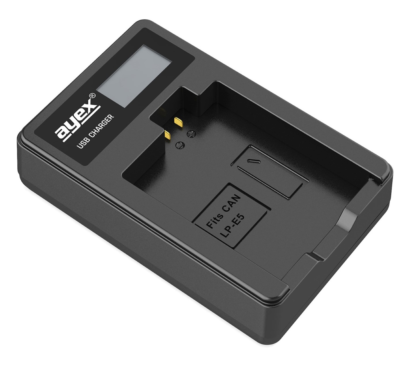 Schwarzes USB-Ladegerät mit Display, für einen Akku. Weißer Hintergrund.