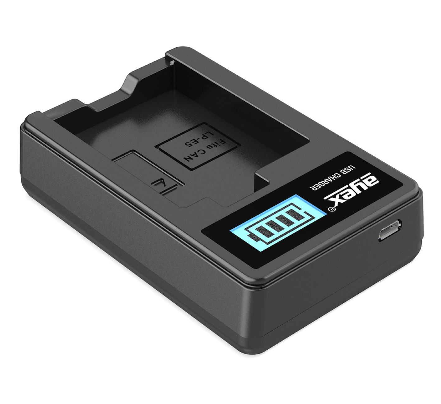 Schwarzes Kamera-Akkuladegerät mit Anzeige des Akkustands. USB-Anschluss sichtbar.