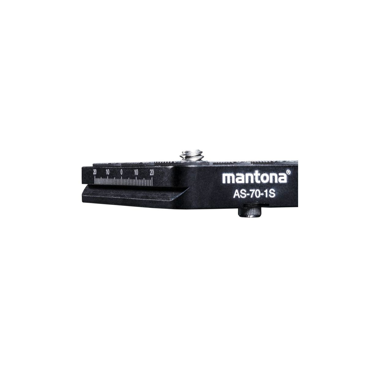 Piastra fotocamera nera con scala, marchio 'mantona'. Vite sopra.