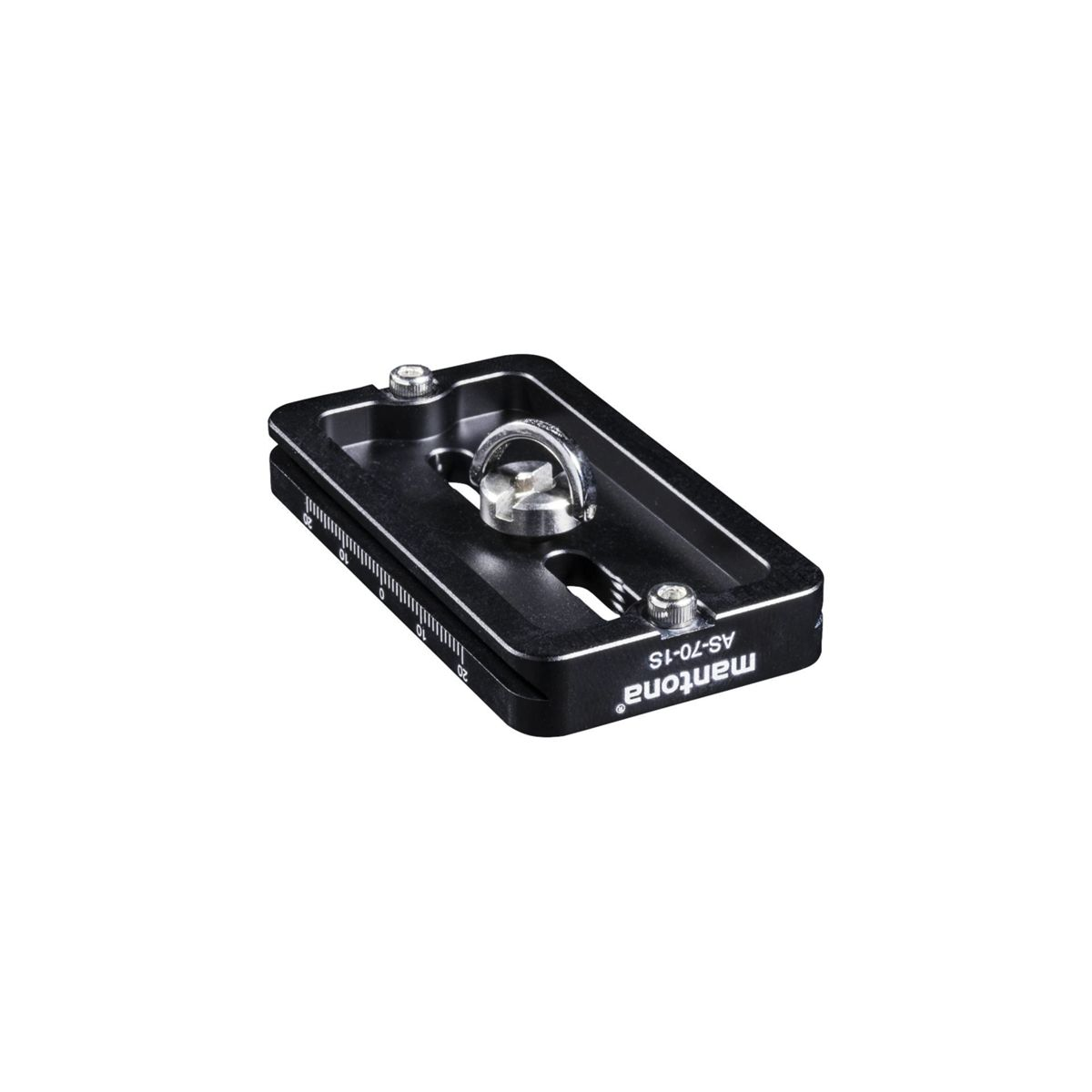 Piastra per fotocamera in metallo nero con segni di scala e anello di montaggio per treppiede.