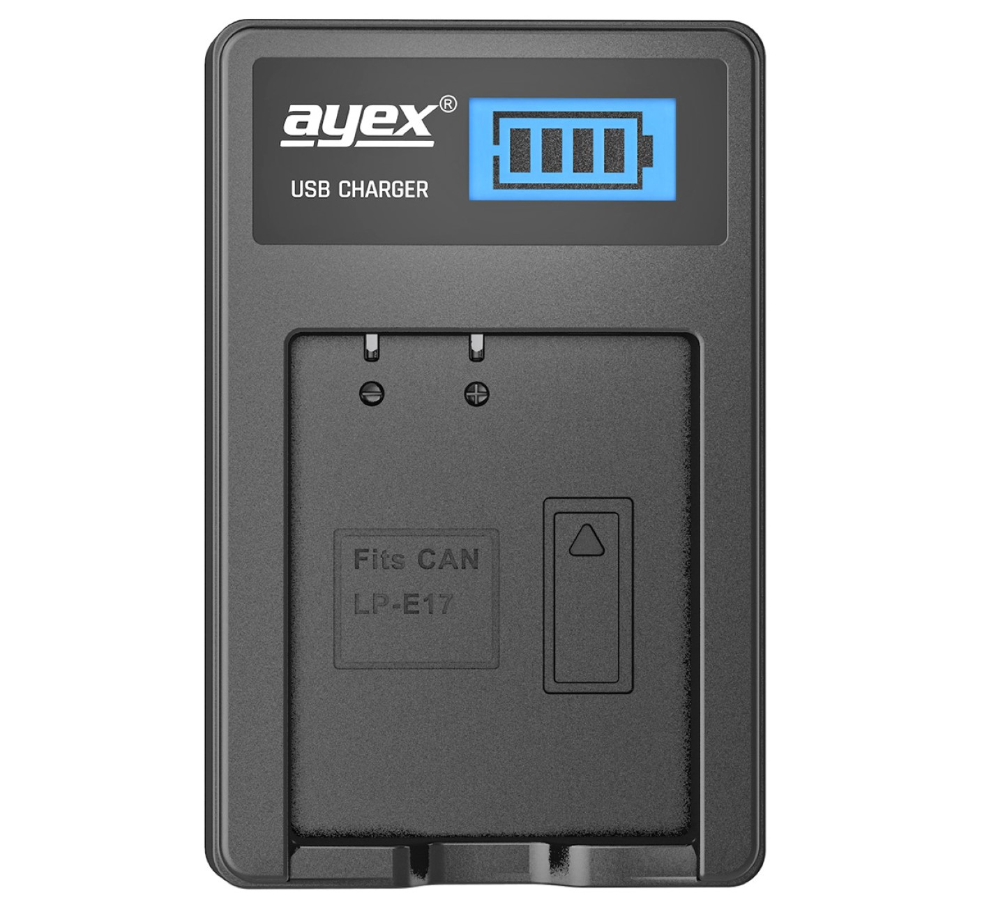 Schwarzes Kamera-Batterieladegerät mit Bildschirm, der den Batteriestand anzeigt.