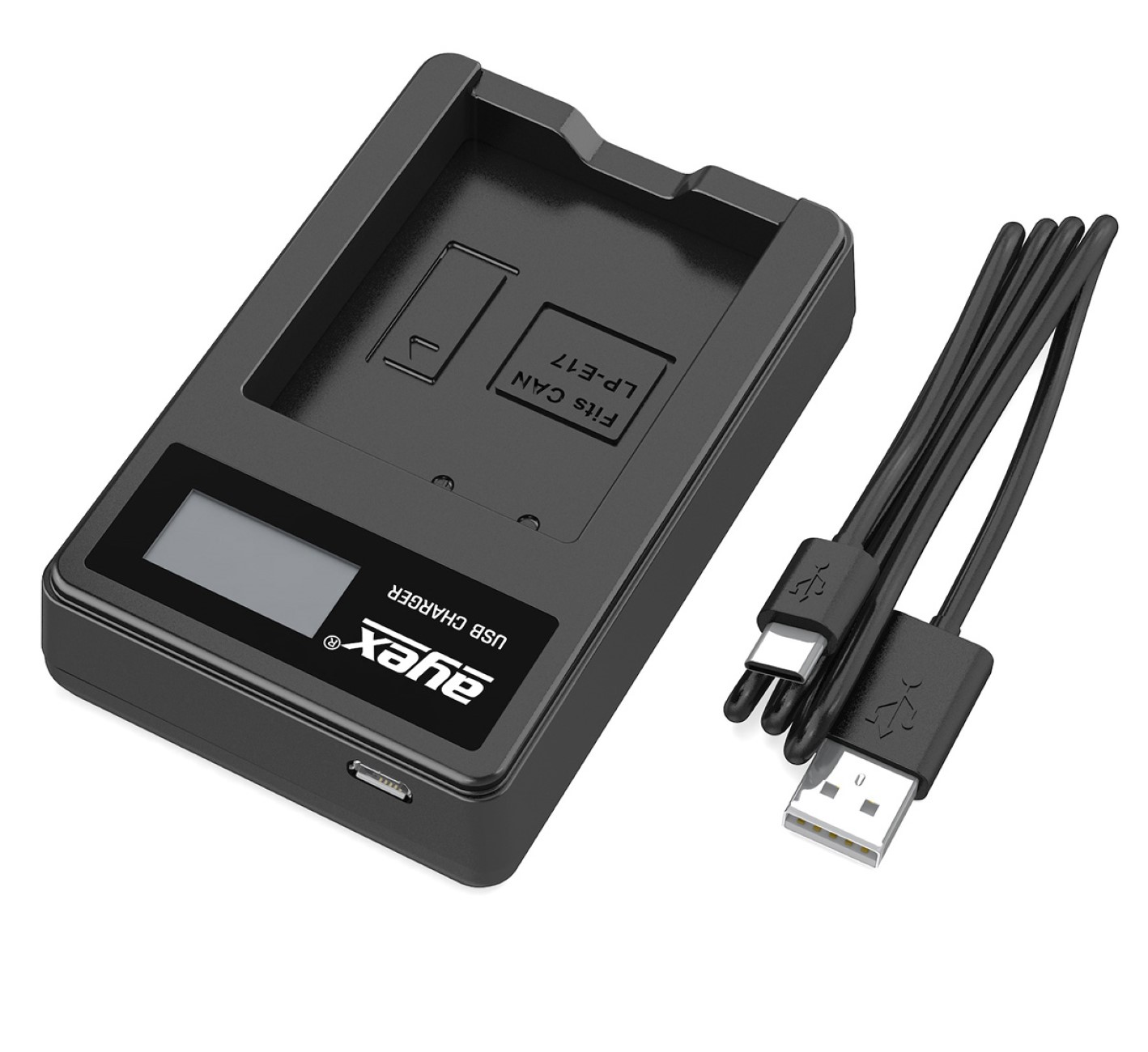Schwarzes Kamera-Akkuladegerät mit USB-Kabel, weißer Hintergrund.