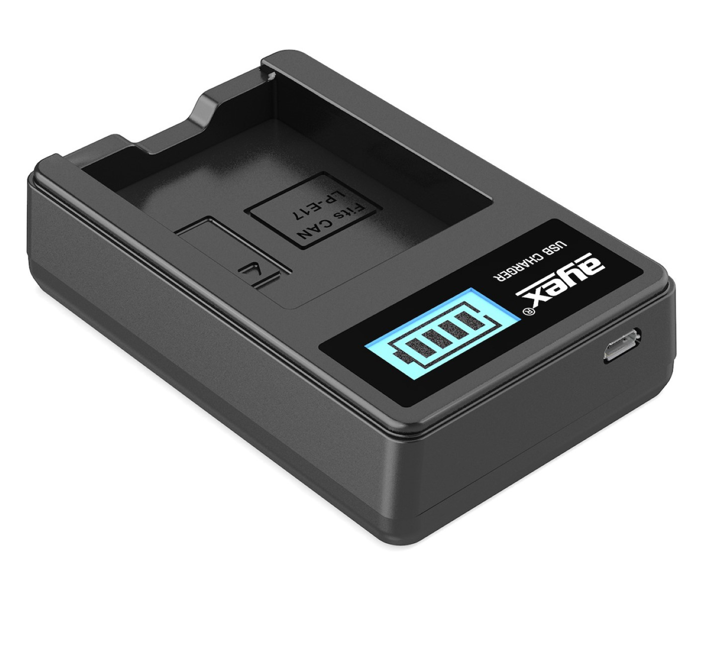 Schwarzes Kamera-Akkuladegerät mit Digitalanzeige für den Batteriestand.