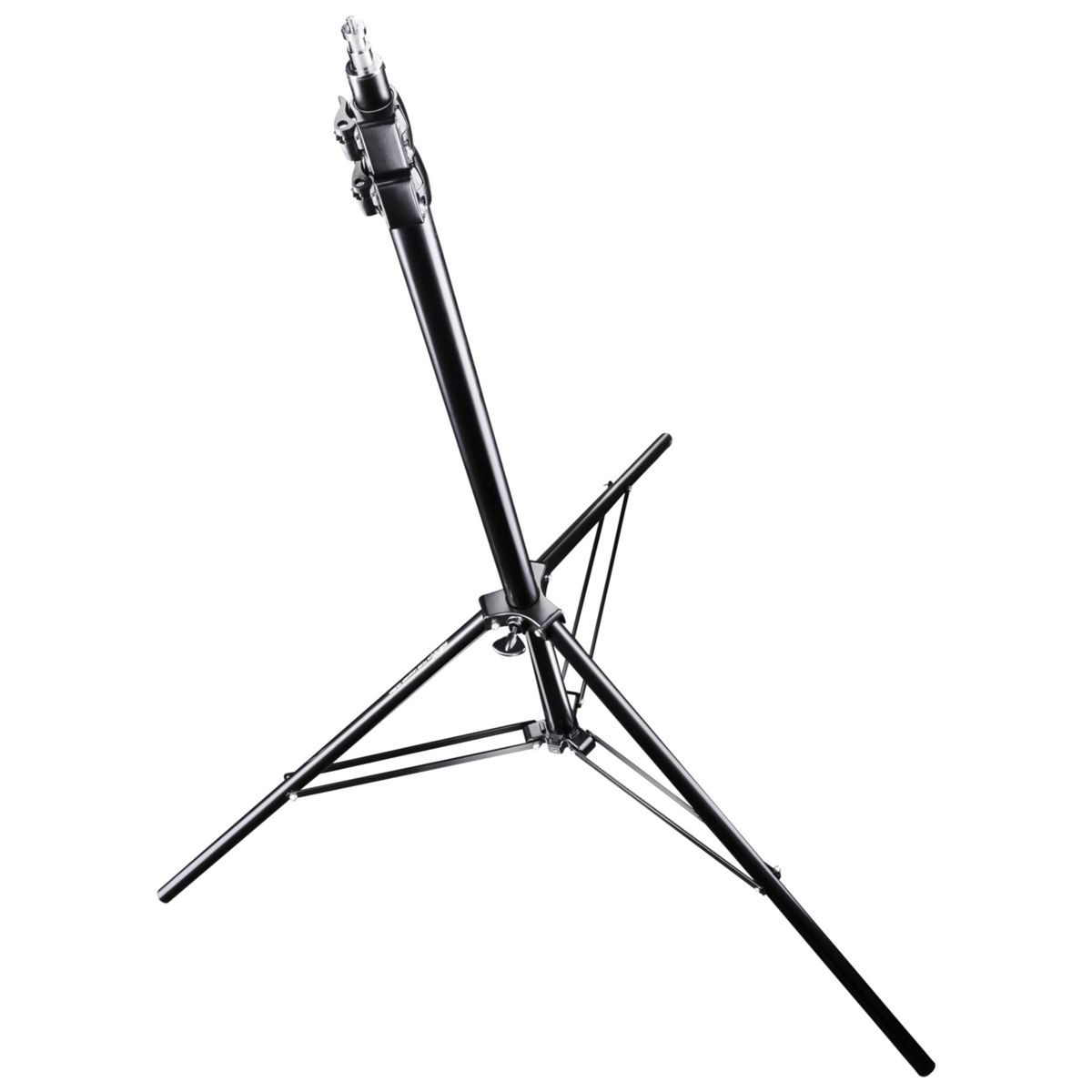 Treppiede in metallo nero per illuminazione. Ha tre gambe e una colonna di supporto centrale.