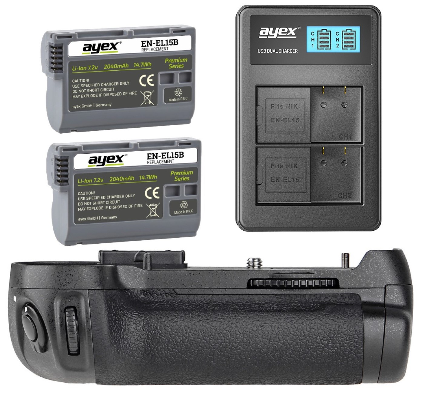 1x Black Ladegerät, AYEX Batteriegriff-Set, Akku + D600 EN-EL15B 2x + für wie MB-D14 Akkugriff Nikon USB Dual D610