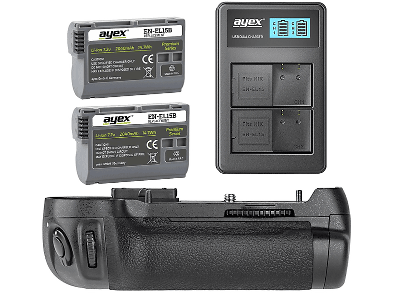 AYEX Akkugriff für Nikon D600 D610 wie MB-D14 + 2x EN-EL15B Akku + 1x USB Dual Ladegerät, Batteriegriff-Set, Black