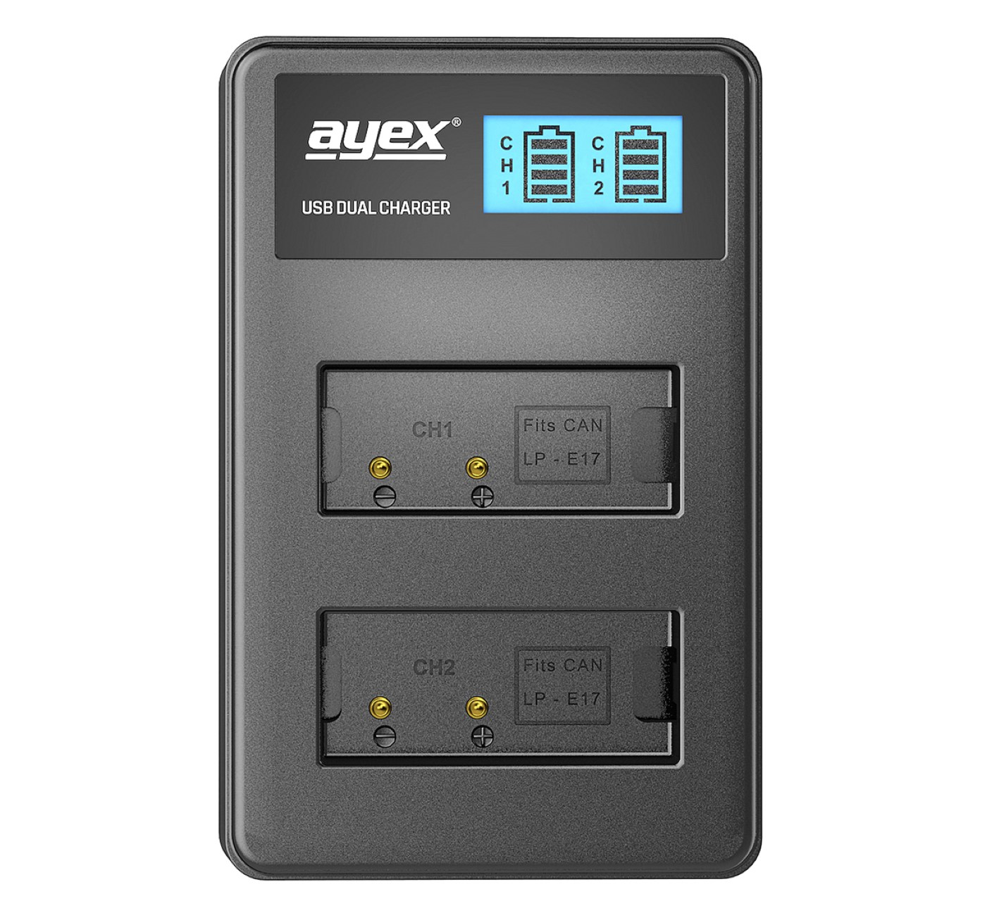 Schwarzes Dual-USB-Ladegerät mit LCD-Bildschirm, zeigt Akkuladestand und Steckplätze für zwei Akkus.