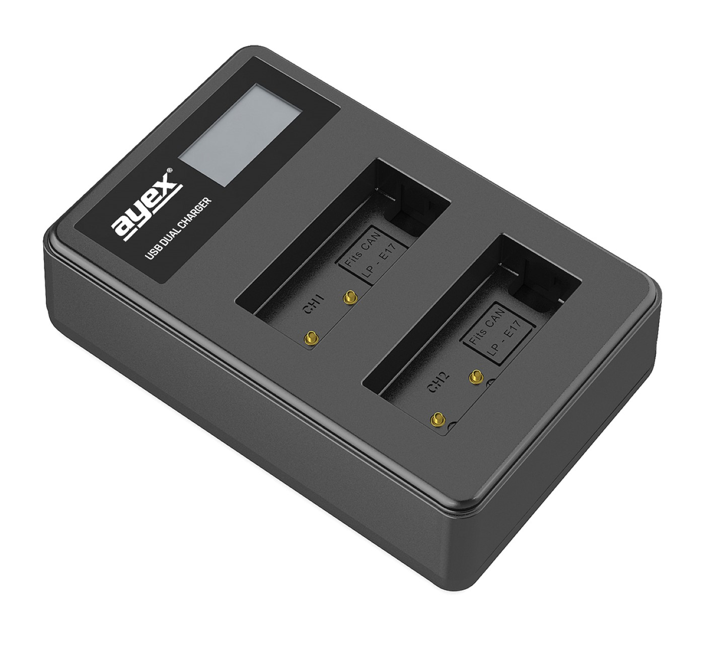 Schwarzes Dual-USB-Kamera-Batterieladegerät mit kleinem Bildschirm und zwei Akkuslots.