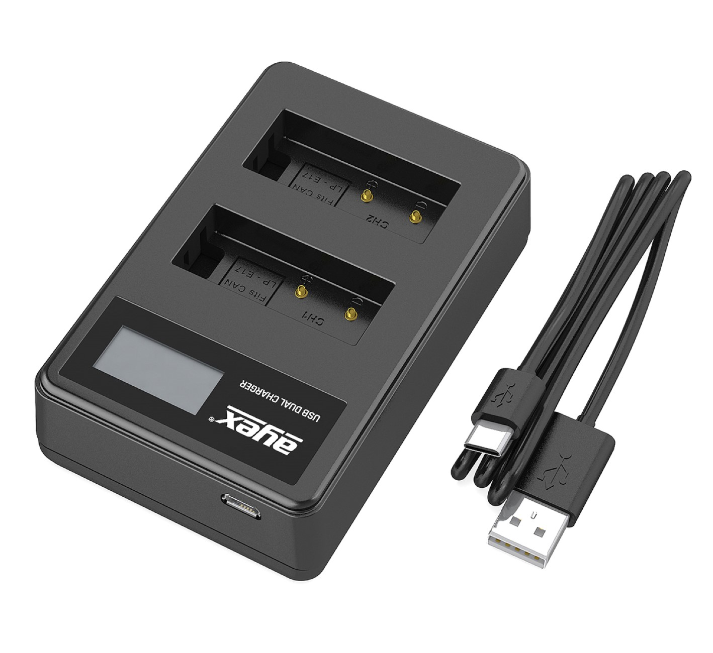 Schwarzes Dual-Ladegerät mit USB-Kabel für Kamerabatterien. Zeigt Ladeschlitze und Beschriftungen.