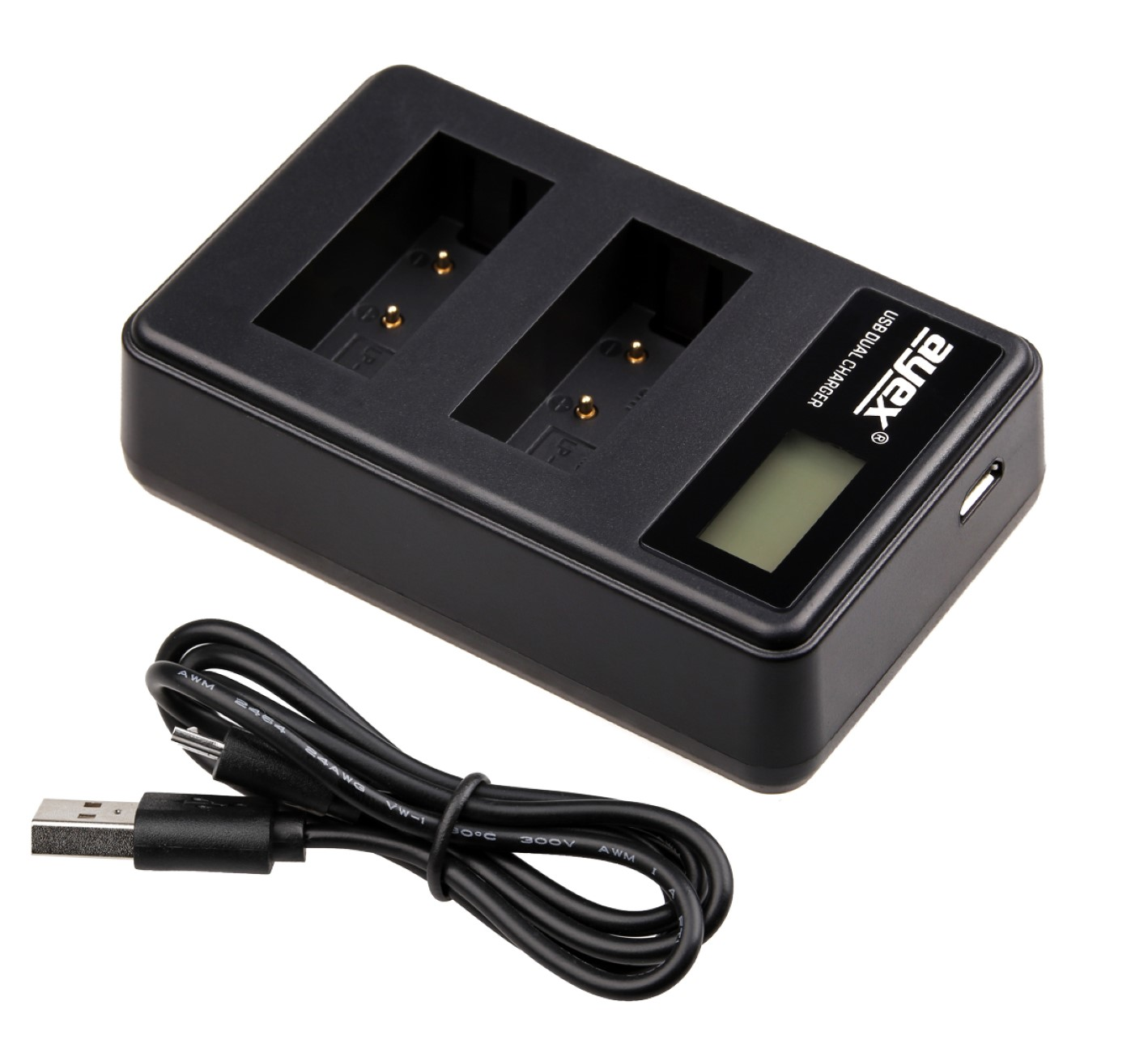 Schwarzes Dual-USB-Ladegerät. Zwei Steckplätze, Digitalanzeige und USB-Kabel.
