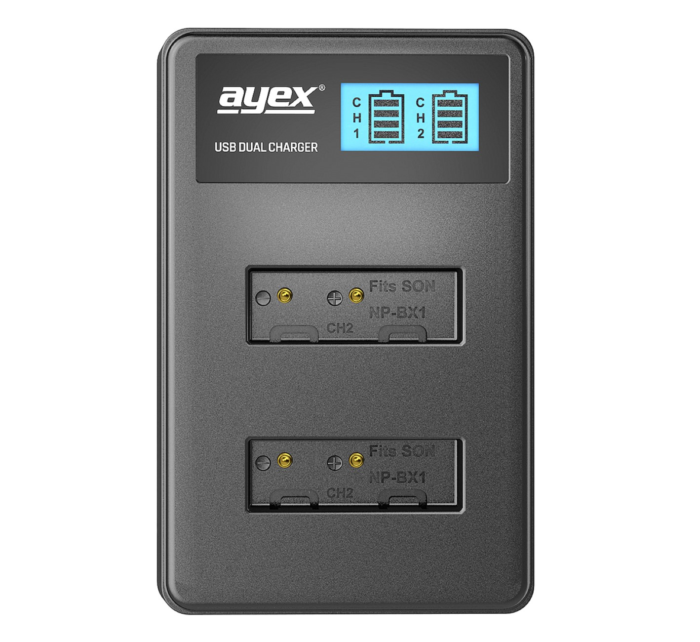 Ein schwarzes Dual-USB-Ladegerät für Batterien, das den Akku- und Ladestatus anzeigt.