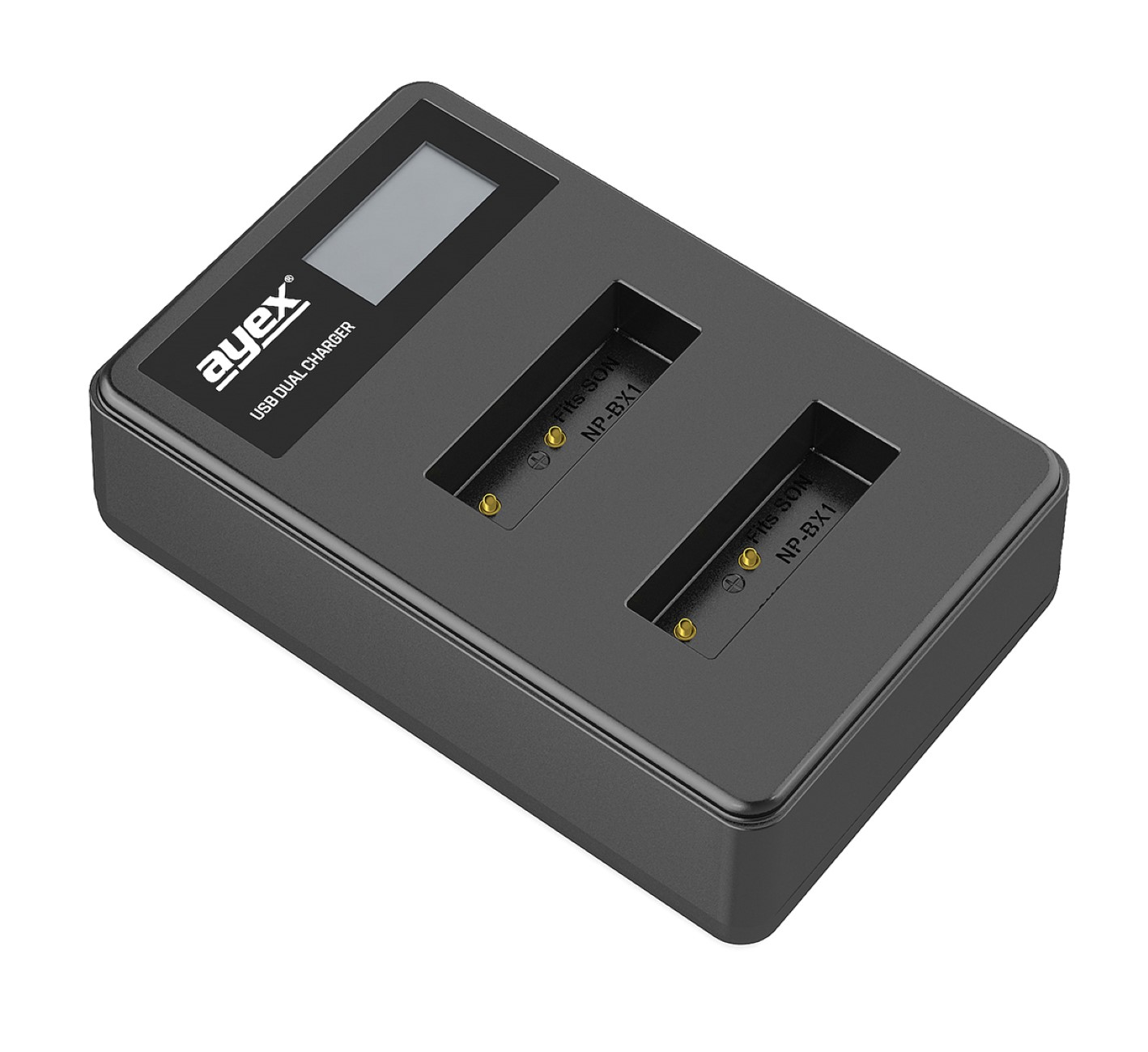 Ein schwarzes ayex USB-Dual-Ladegerät für NP-BX1-Akkus mit LCD-Bildschirm.