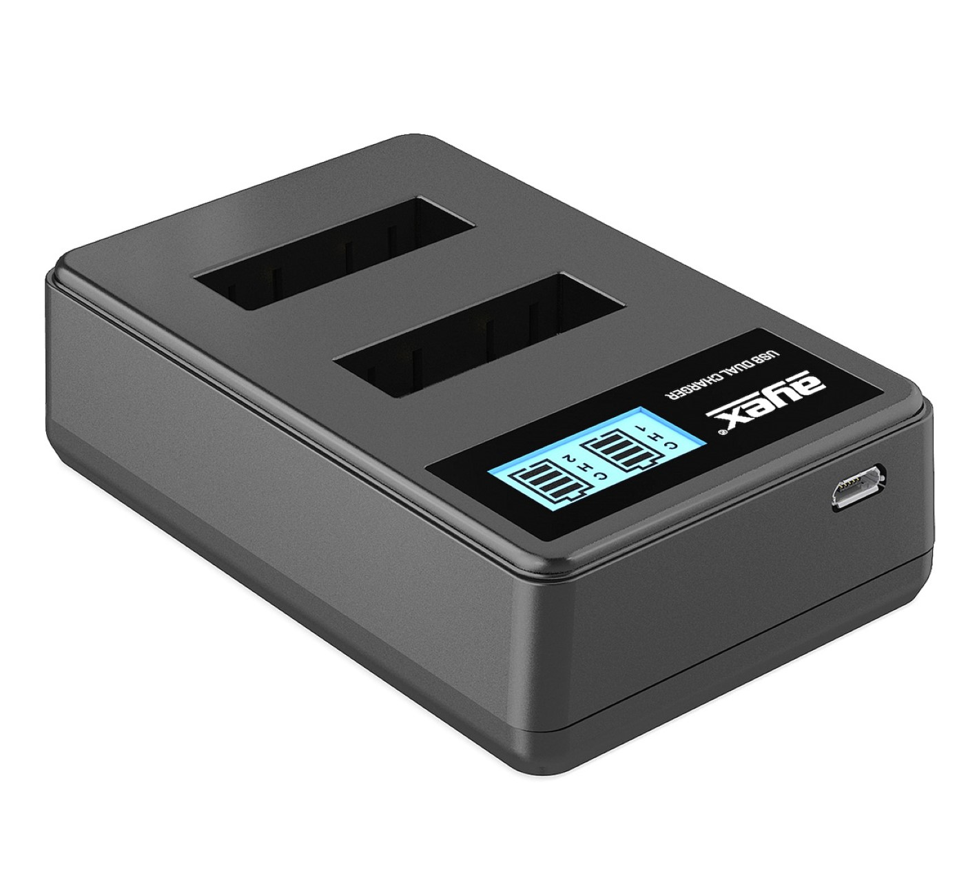 Schwarzes Dual-USB-Kamera-Batterieladegerät mit Bildschirm, der den Batteriestand anzeigt.