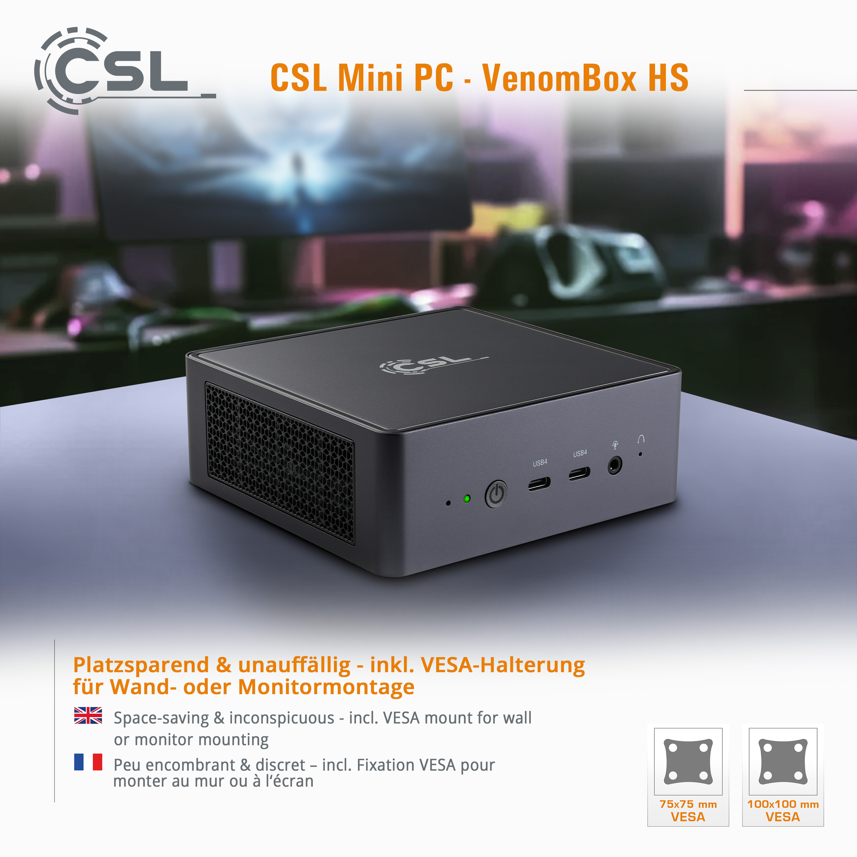 Kleiner schwarzer Computer auf einem Schreibtisch, mit VESA-Halterung.