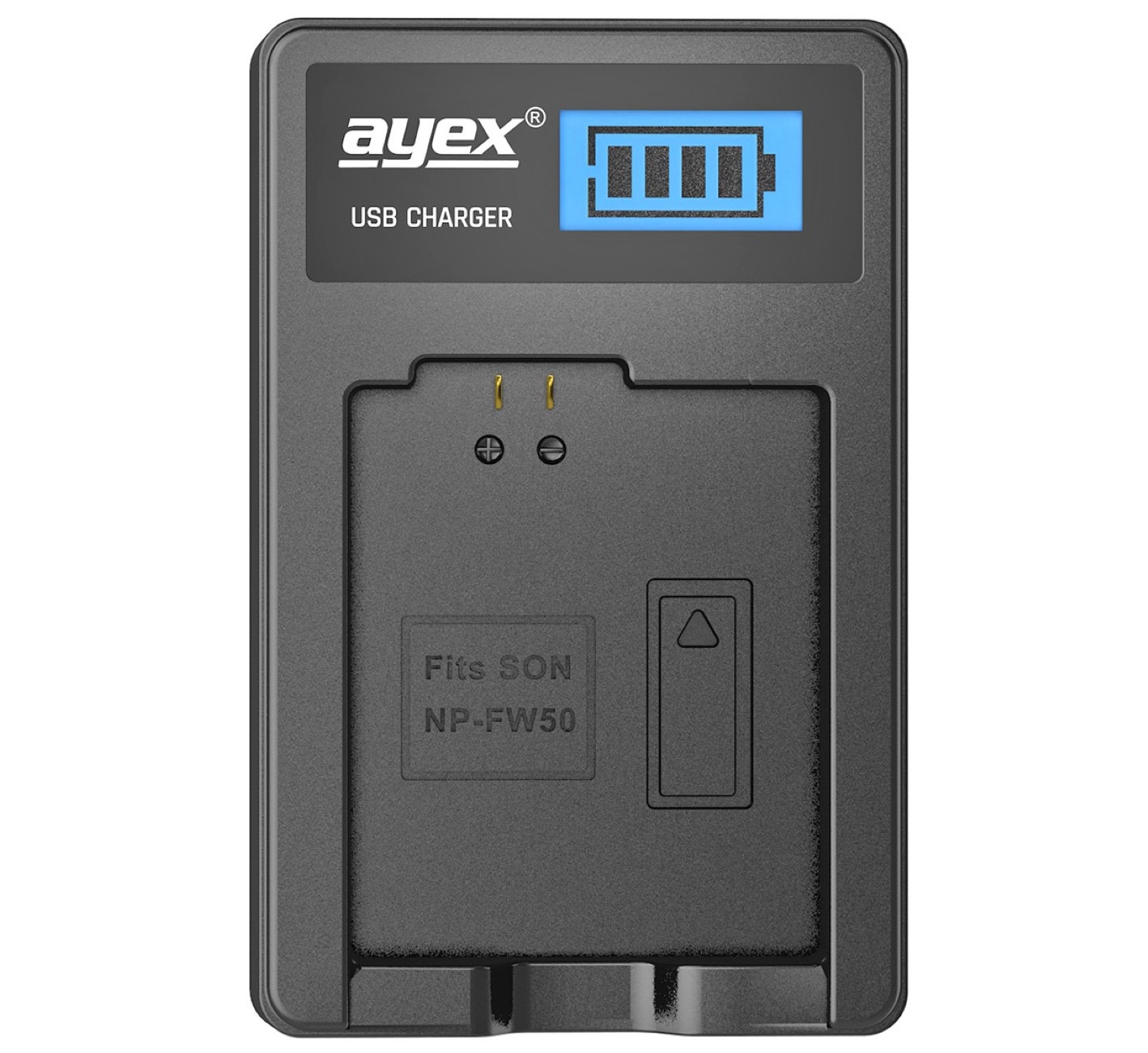 Ein schwarzes USB-Ladegerät mit einem Bildschirm, der ein Batteriesymbol und Ladeschlitze zeigt.