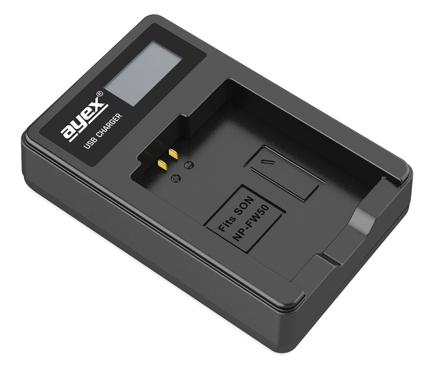 Schwarzes USB-Ladegerät für Akkus, mit einem Steckplatz für eine Sony NP-FW50 Batterie.