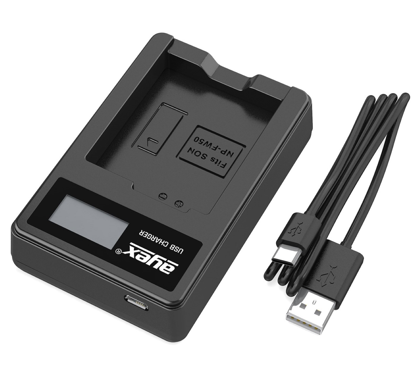 Schwarzes USB-Ladegerät mit Kabel für Sony NP-FW50 Batterien. Display und einzelner Slot.