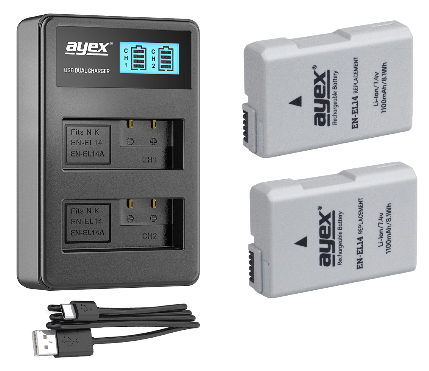 + AYEX Dual- 2 Akku, Ladegerät, Black EN-EL14 USB x