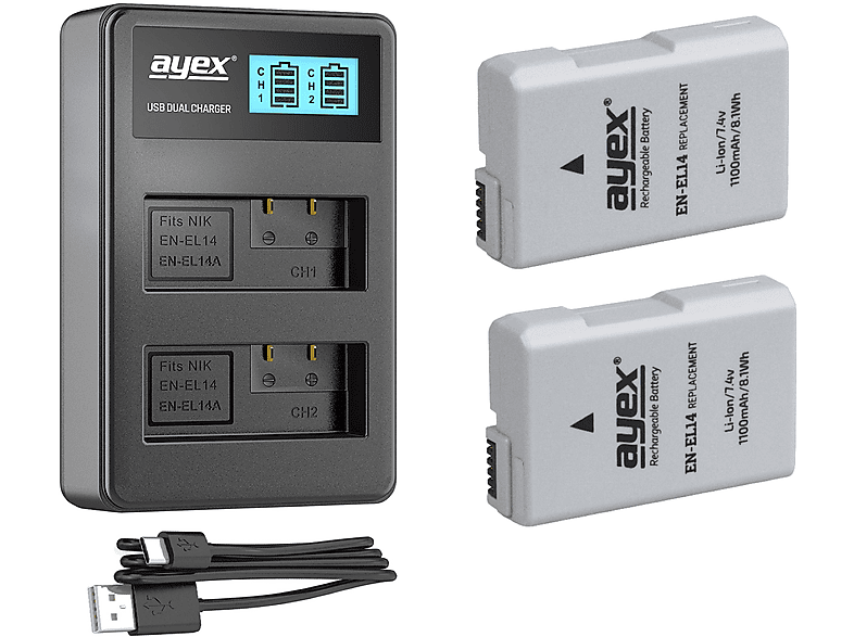 AYEX 2 x EN-EL14 + USB Dual- Ladegerät, Akku, Black