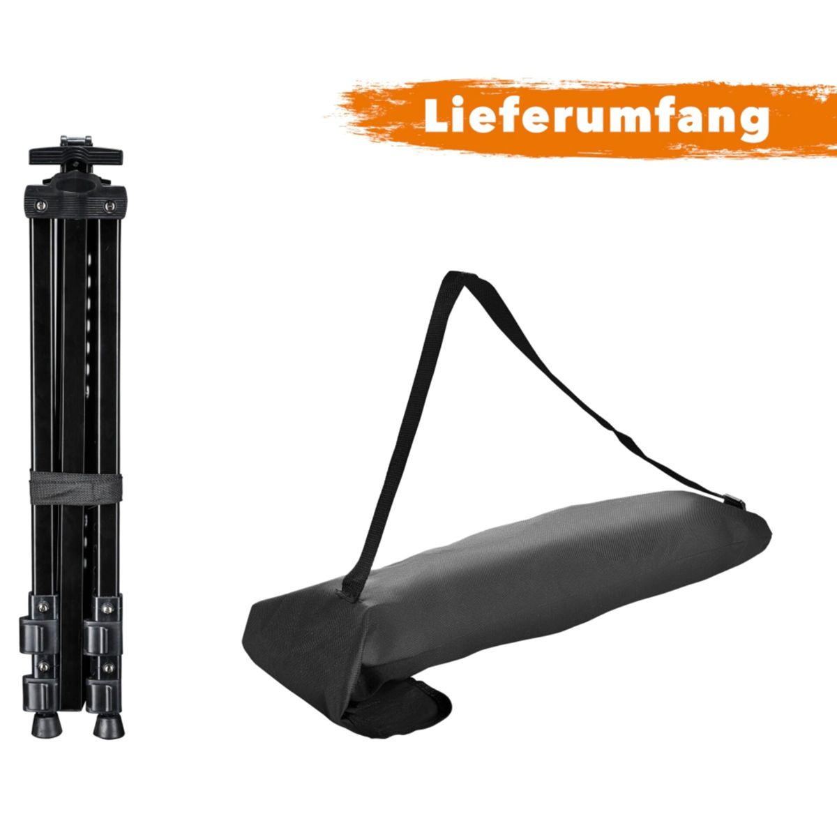 Ein zusammengeklapptes schwarzes Stativ und eine schwarze Tragetasche mit Schulterriemen, vor weißem Hintergrund.