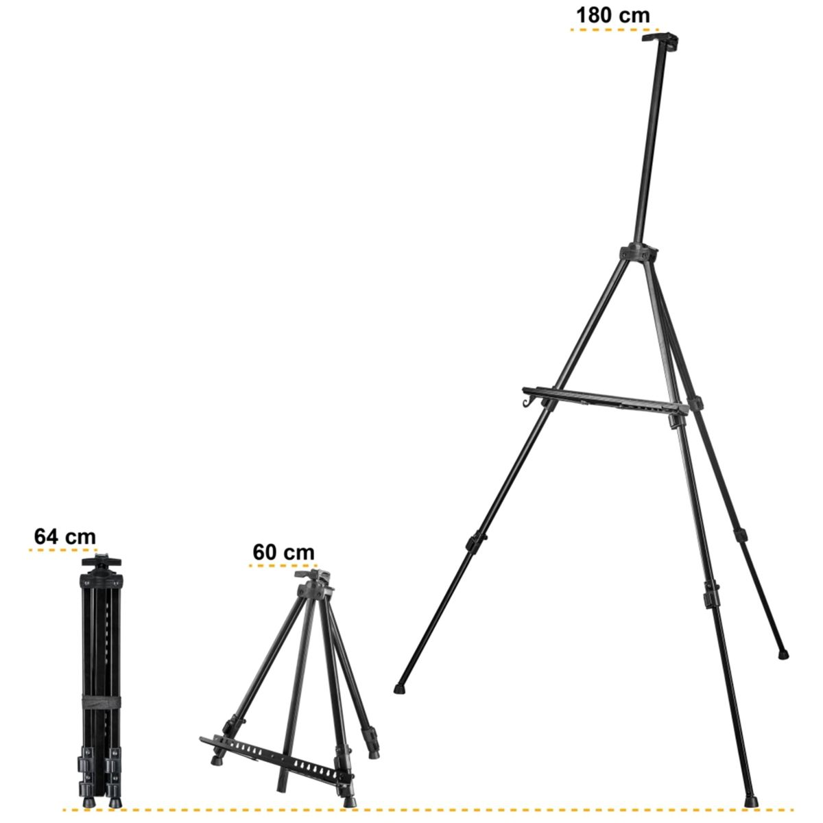 Drei schwarze Staffeleien in verschiedenen Positionen. Die größte ist 180 cm hoch. Eines ist gefaltet, 64 cm. Ein anderes, 60 cm.
