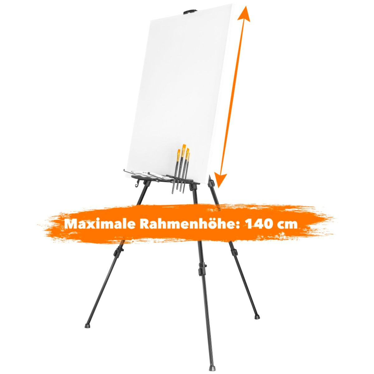 Eine Staffelei mit einer weißen Leinwand, Pinseln und dem Text "Maximale Rahmenhöhe: 140 cm".